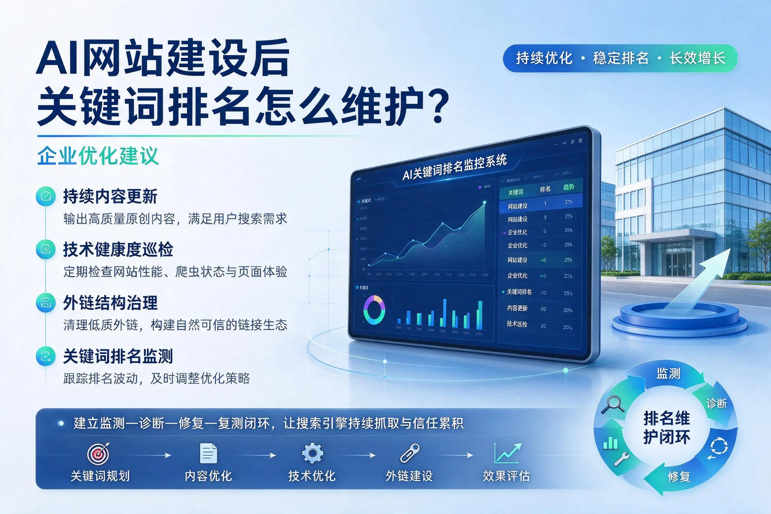 AI网站建设后关键词排名怎么维护?潮州企业优化建议